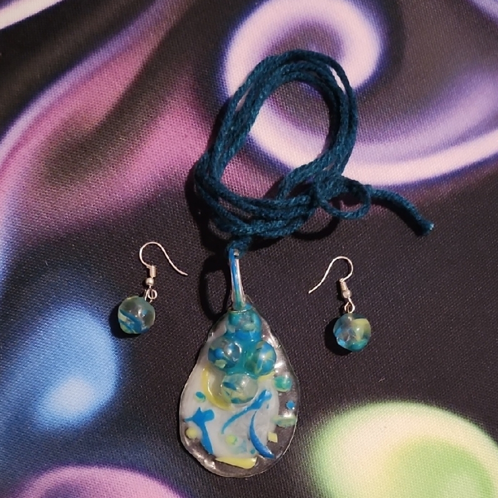 Blue and Green Pendant Necklace and Earring Set
